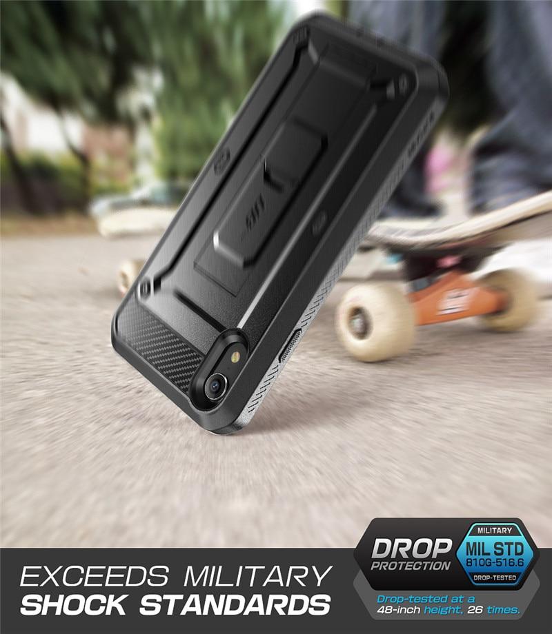 iPhone XR UB Pro Full-Body Rugged Holster Case in various colors with built-in screen protector and kickstand.