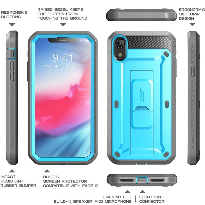 iPhone XR UB Pro Full-Body Rugged Holster Case in various colors with built-in screen protector and kickstand.