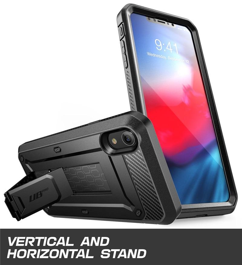 iPhone XR UB Pro Full-Body Rugged Holster Case in various colors with built-in screen protector and kickstand.