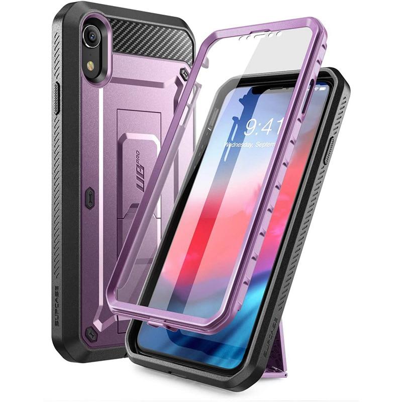 iPhone XR UB Pro Full-Body Rugged Holster Case in various colors with built-in screen protector and kickstand.