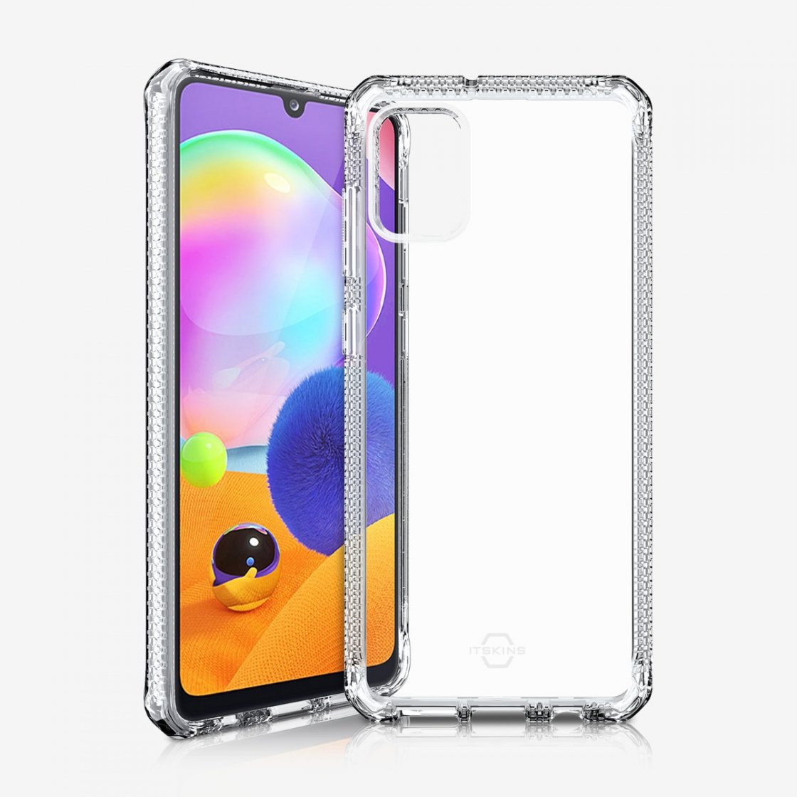 Clear ITSKINS Spectrum 2M Drop Case for Samsung A31, showcasing its slim design and raised corners for enhanced protection.