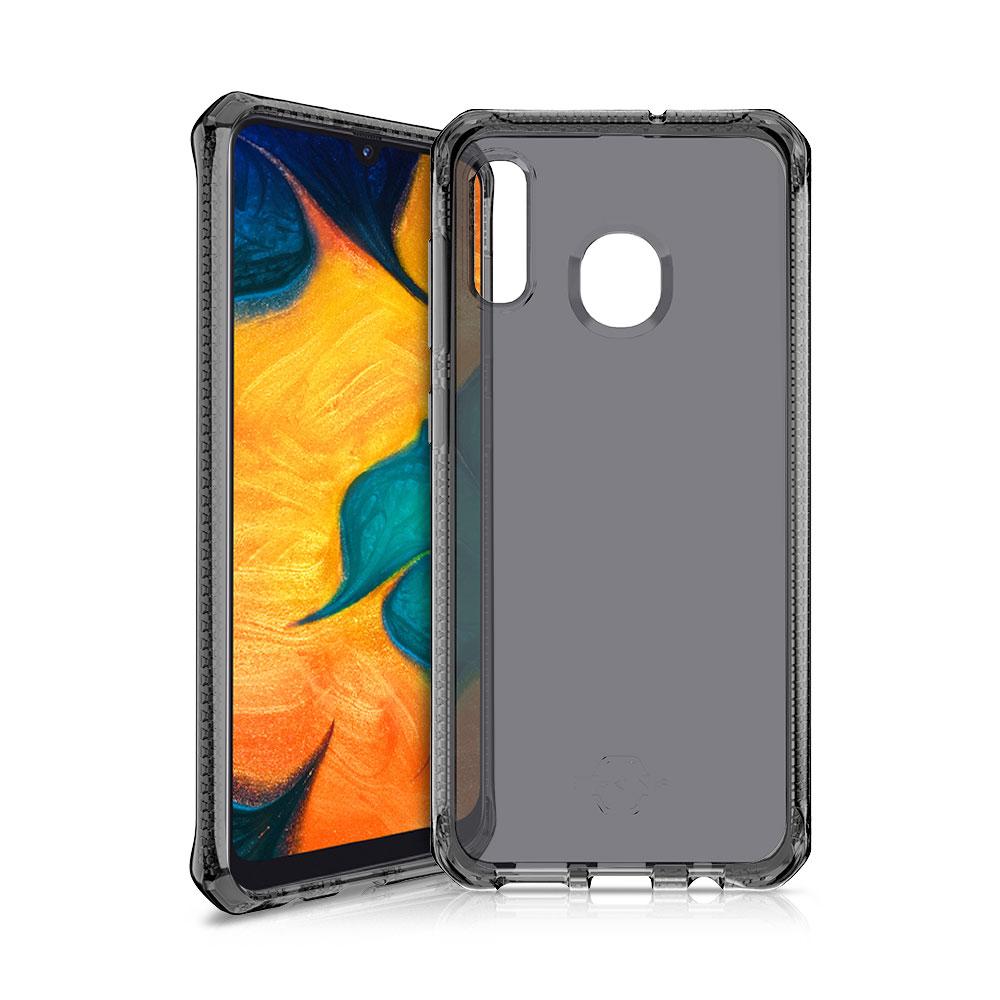 ITSKINS Spectrum 2M Drop Case for Samsung Galaxy A20 and A30 in clear and black, showcasing its sleek design and protective features.