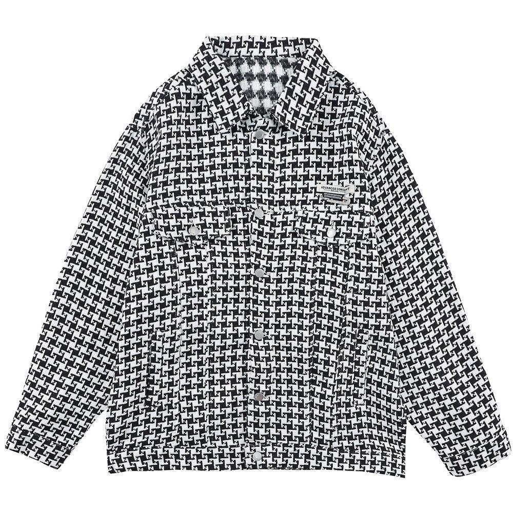 Men's classic knitted plaid jacket with turn-down collar, perfect for autumn and winter wear, featuring pockets and a loose fit.