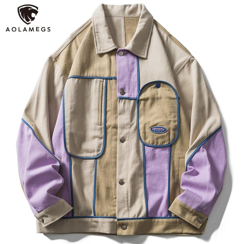 Men's color block patchwork jacket in khaki, featuring a turn-down collar and single-breasted closure, perfect for autumn streetwear.