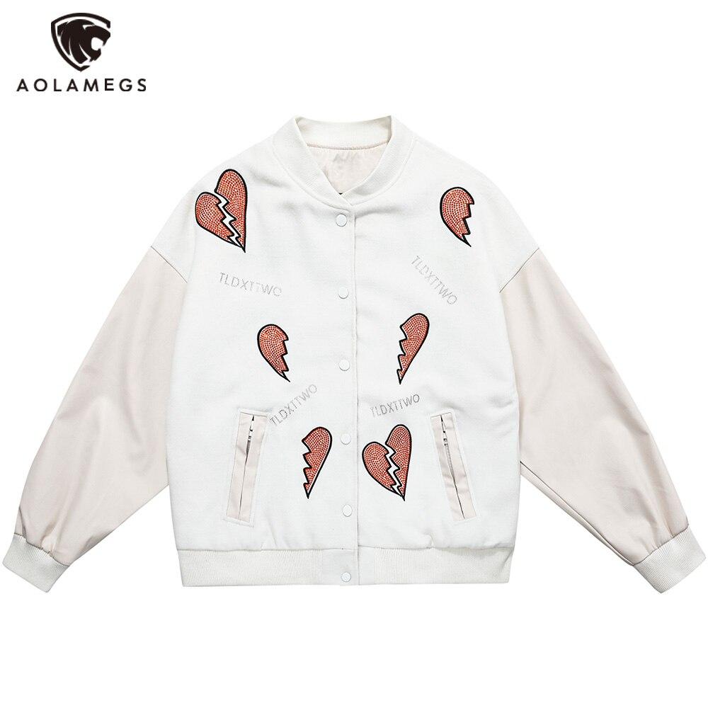 Men's Diamonds Broken Heart Leather Patchwork Sleeve Baseball Jacket featuring unique patchwork design and casual fit.