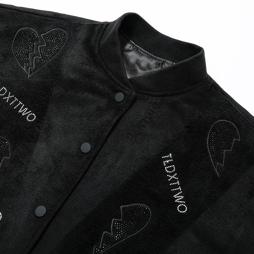 Men's Diamonds Broken Heart Leather Patchwork Sleeve Baseball Jacket featuring unique patchwork design and casual fit.
