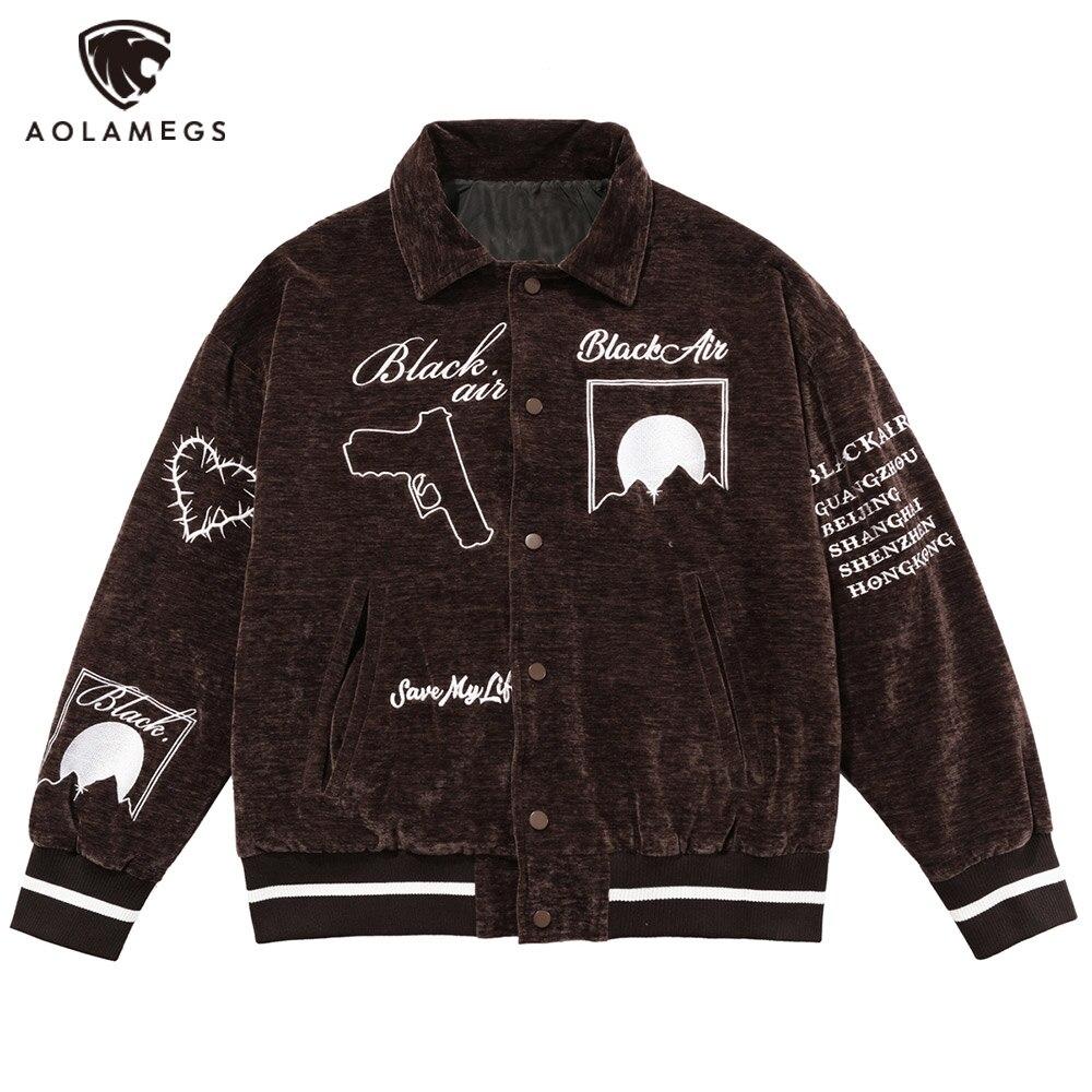 Men's bomber jacket featuring eye embroidery and letter design, available in black, brown, and dark green.