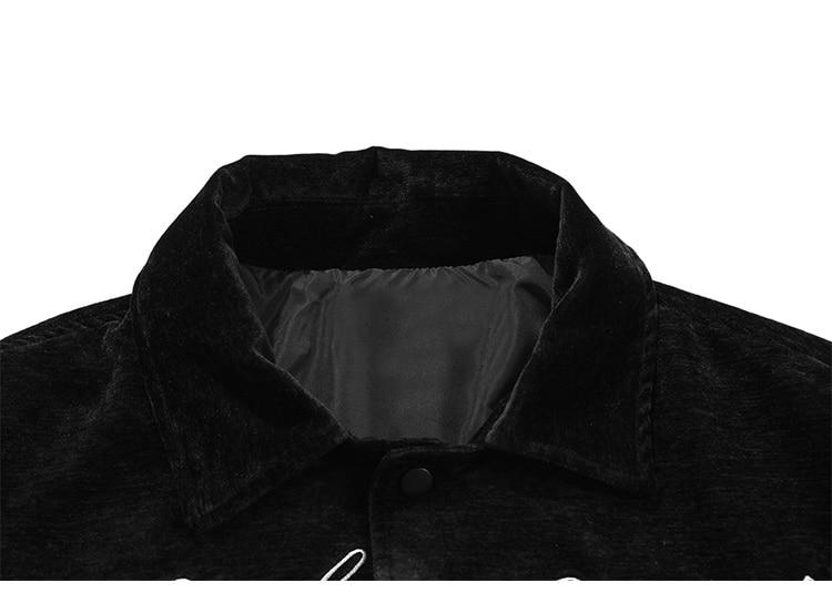 Men's bomber jacket featuring eye embroidery and letter design, available in black, brown, and dark green.