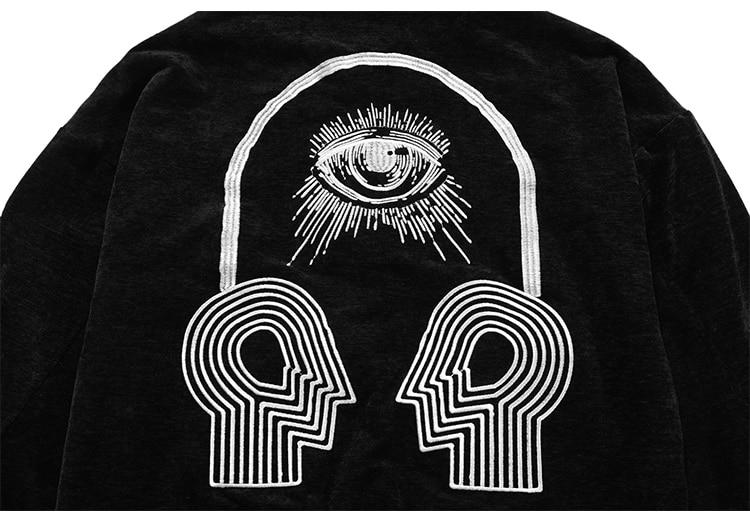 Men's bomber jacket featuring eye embroidery and letter design, available in black, brown, and dark green.