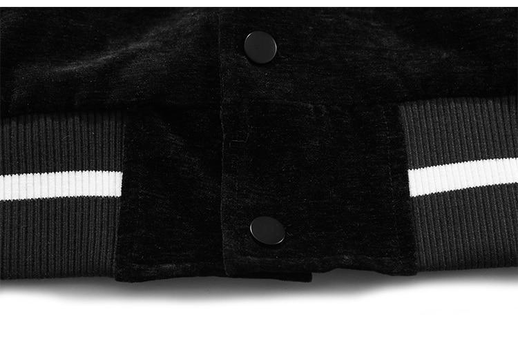 Men's bomber jacket featuring eye embroidery and letter design, available in black, brown, and dark green.