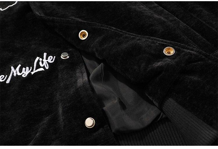 Men's bomber jacket featuring eye embroidery and letter design, available in black, brown, and dark green.