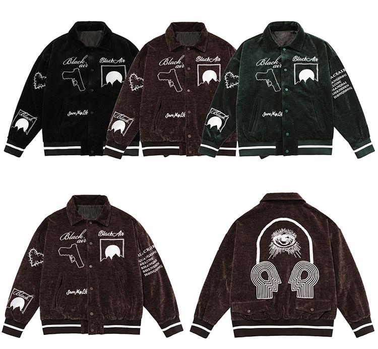 Men's bomber jacket featuring eye embroidery and letter design, available in black, brown, and dark green.