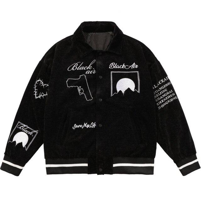 Men's bomber jacket featuring eye embroidery and letter design, available in black, brown, and dark green.