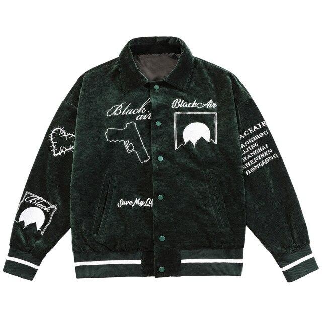 Men's bomber jacket featuring eye embroidery and letter design, available in black, brown, and dark green.