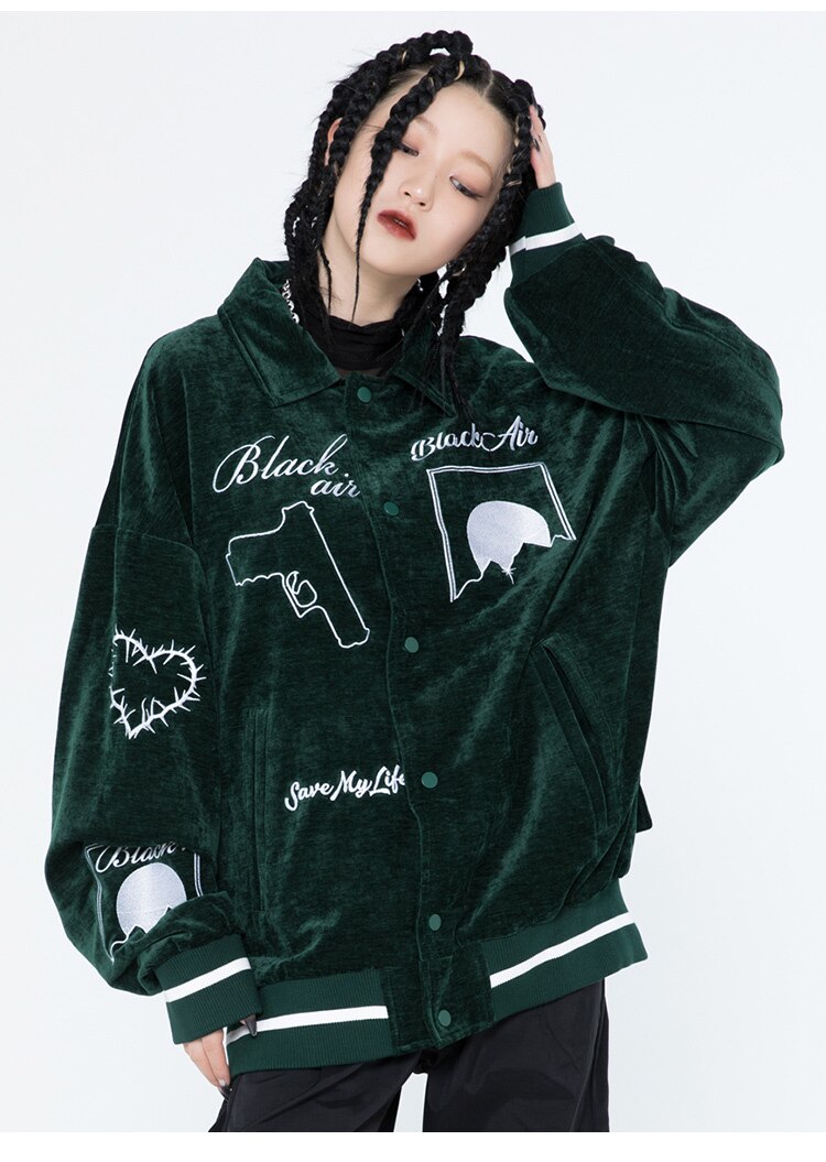 Men's bomber jacket featuring eye embroidery and letter design, available in black, brown, and dark green.