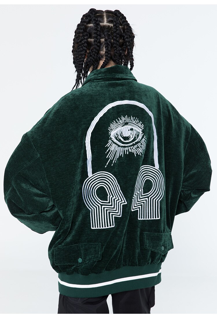 Men's bomber jacket featuring eye embroidery and letter design, available in black, brown, and dark green.