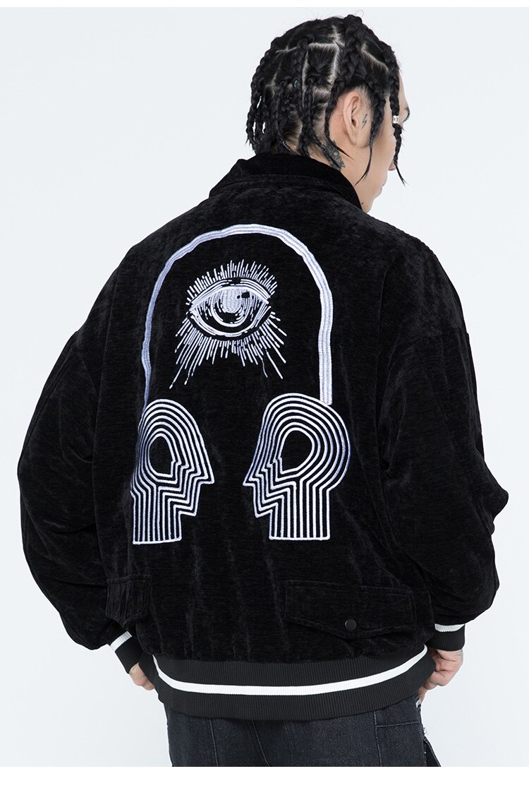 Men's bomber jacket featuring eye embroidery and letter design, available in black, brown, and dark green.