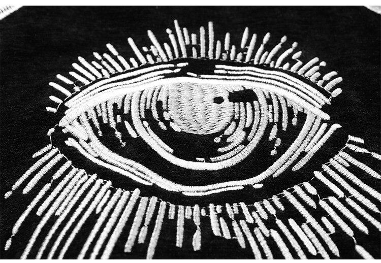 Men's bomber jacket featuring eye embroidery and letter design, available in black, brown, and dark green.