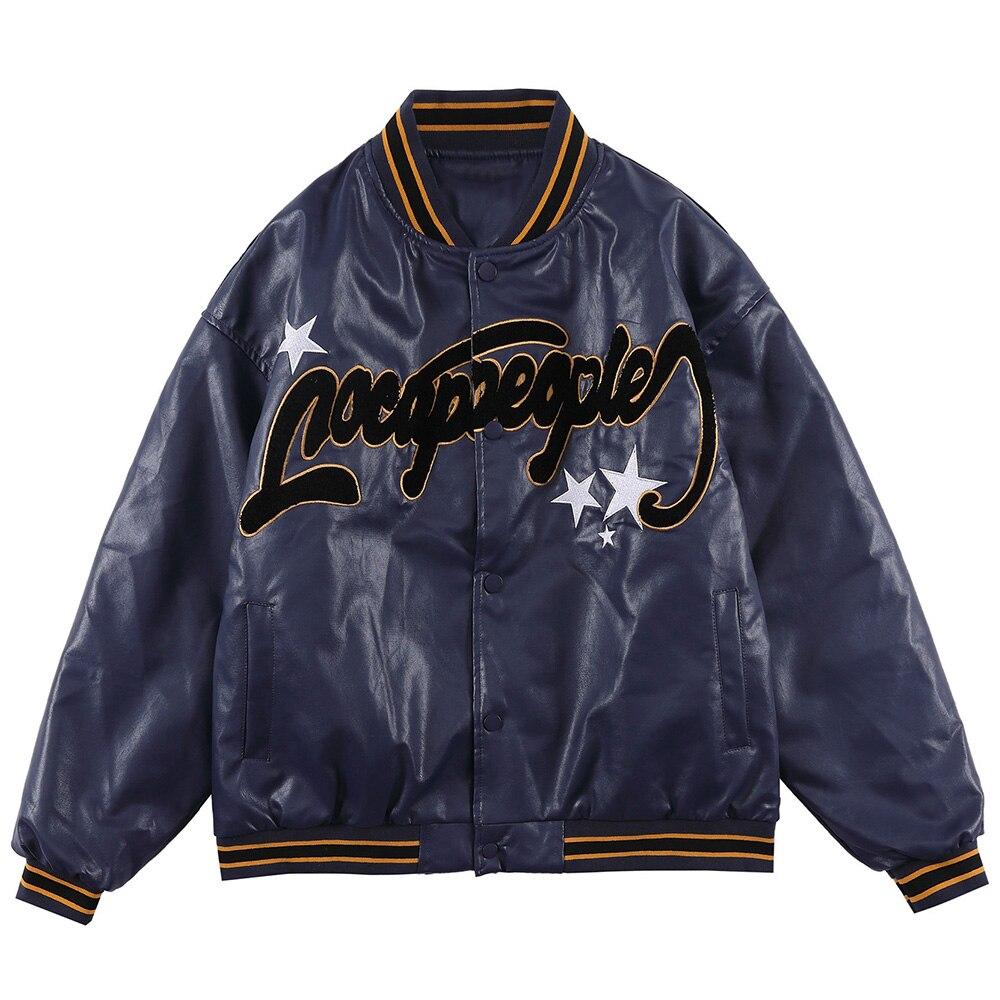 Men's oversized bomber jacket featuring furry letter star design, perfect for couples and casual outings.
