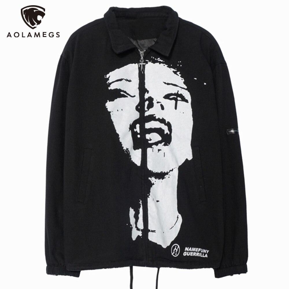 Men's hipster portrait turn-down coat in punk fashion style, featuring an oversized fit and cartoon pattern, perfect for streetwear.