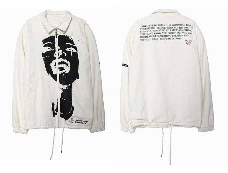 Men's hipster portrait turn-down coat in punk fashion style, featuring an oversized fit and cartoon pattern, perfect for streetwear.