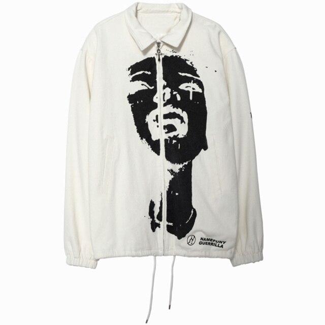 Men's hipster portrait turn-down coat in punk fashion style, featuring an oversized fit and cartoon pattern, perfect for streetwear.