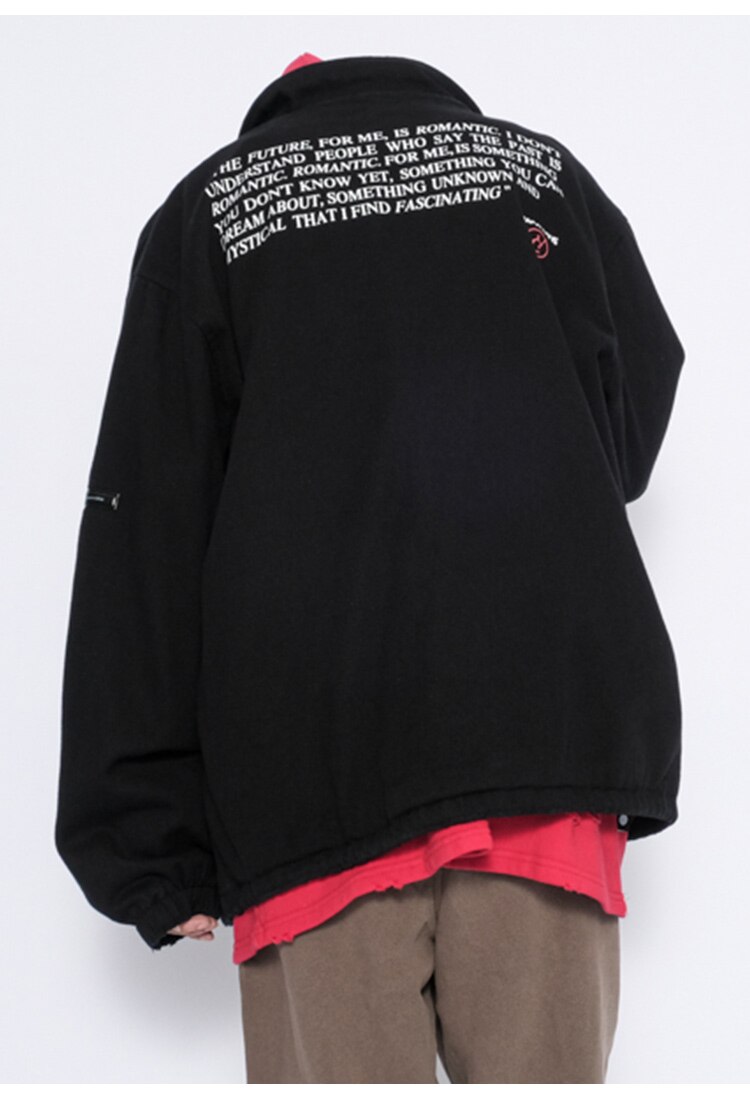 Men's hipster portrait turn-down coat in punk fashion style, featuring an oversized fit and cartoon pattern, perfect for streetwear.