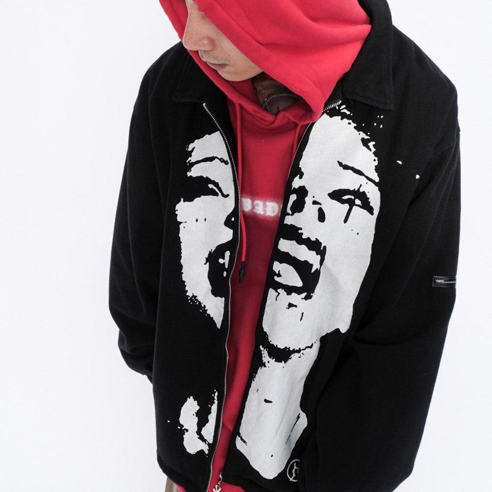 Men's hipster portrait turn-down coat in punk fashion style, featuring an oversized fit and cartoon pattern, perfect for streetwear.