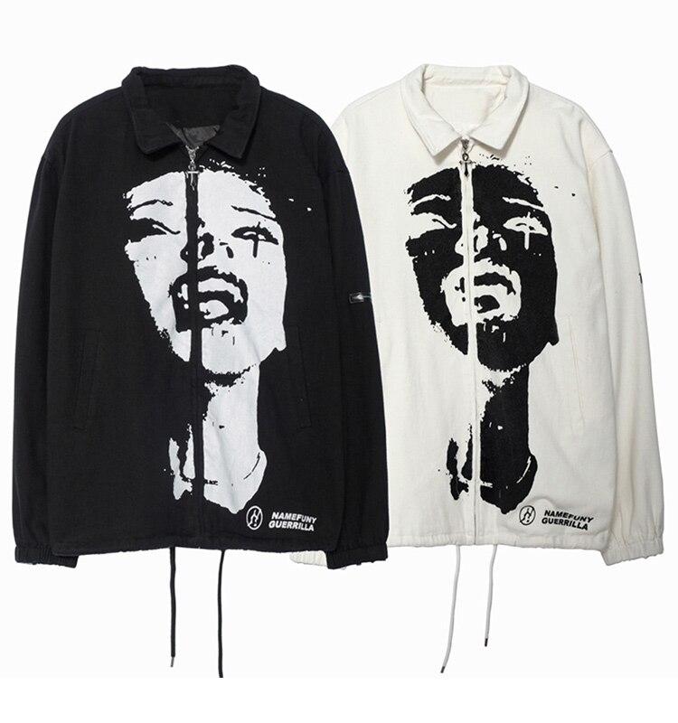 Men's hipster portrait turn-down coat in punk fashion style, featuring an oversized fit and cartoon pattern, perfect for streetwear.