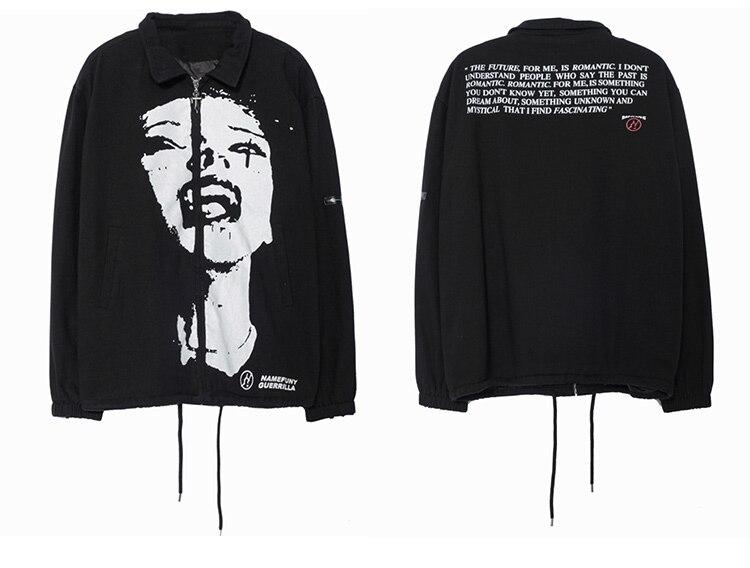Men's hipster portrait turn-down coat in punk fashion style, featuring an oversized fit and cartoon pattern, perfect for streetwear.