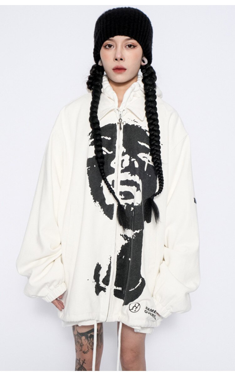 Men's hipster portrait turn-down coat in punk fashion style, featuring an oversized fit and cartoon pattern, perfect for streetwear.