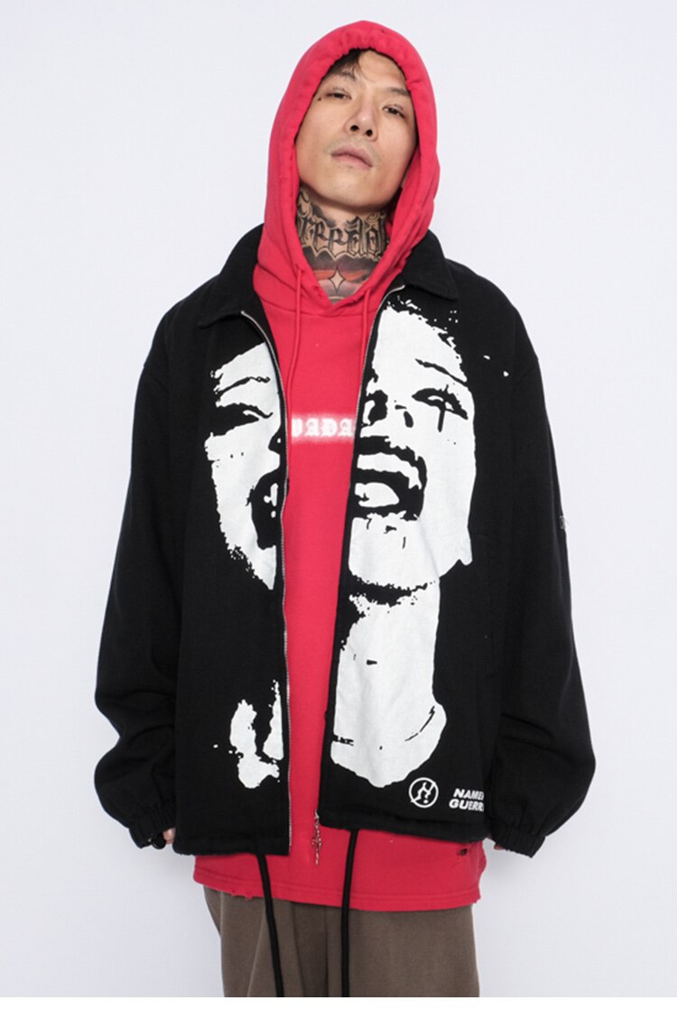 Men's hipster portrait turn-down coat in punk fashion style, featuring an oversized fit and cartoon pattern, perfect for streetwear.