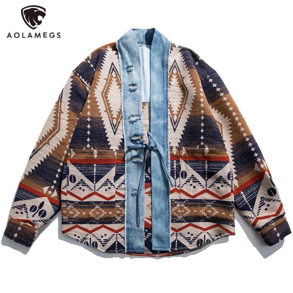 Men's vintage folk-custom jacket featuring Japanese style, loose fit, and argyle pattern in khaki color.