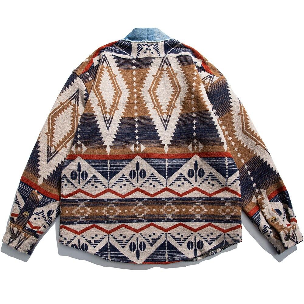 Men's vintage folk-custom jacket featuring Japanese style, loose fit, and argyle pattern in khaki color.