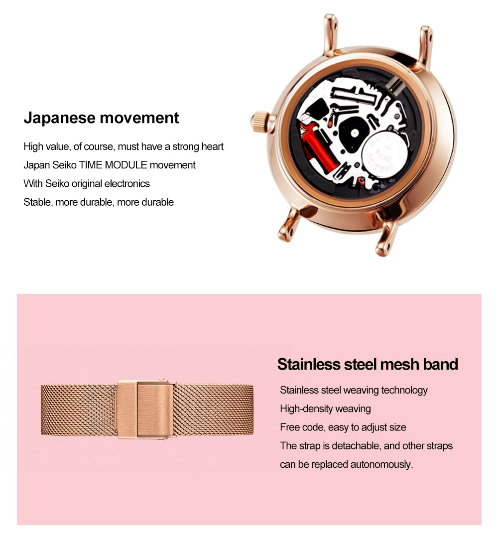 Golden ladies wristwatch featuring a stainless steel mesh band and Japan quartz movement, showcasing a stylish design with a starry night face.