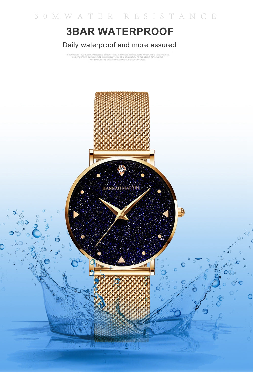 Golden ladies wristwatch featuring a stainless steel mesh band and Japan quartz movement, showcasing a stylish design with a starry night face.