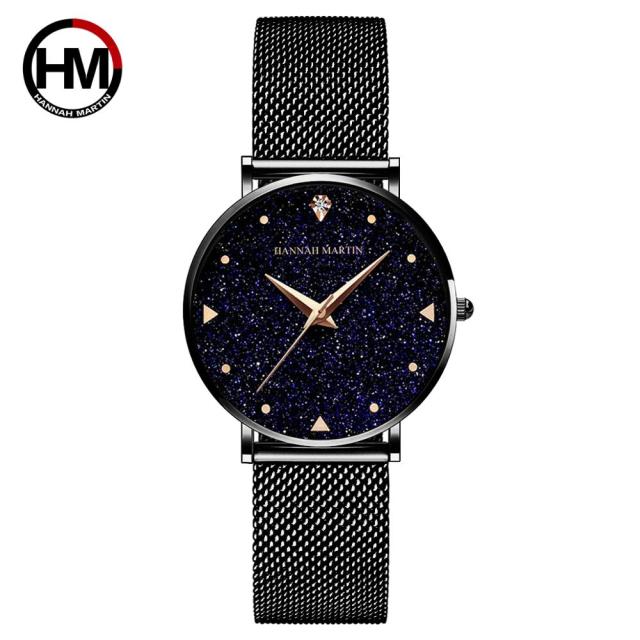 Golden ladies wristwatch featuring a stainless steel mesh band and Japan quartz movement, showcasing a stylish design with a starry night face.