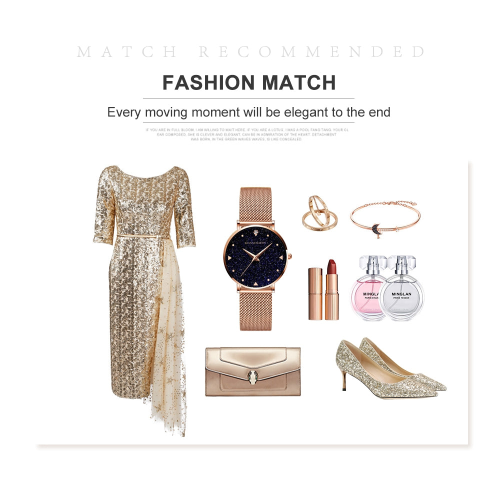 Golden ladies wristwatch featuring a stainless steel mesh band and Japan quartz movement, showcasing a stylish design with a starry night face.