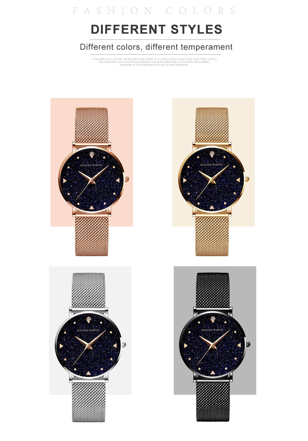 Golden ladies wristwatch featuring a stainless steel mesh band and Japan quartz movement, showcasing a stylish design with a starry night face.
