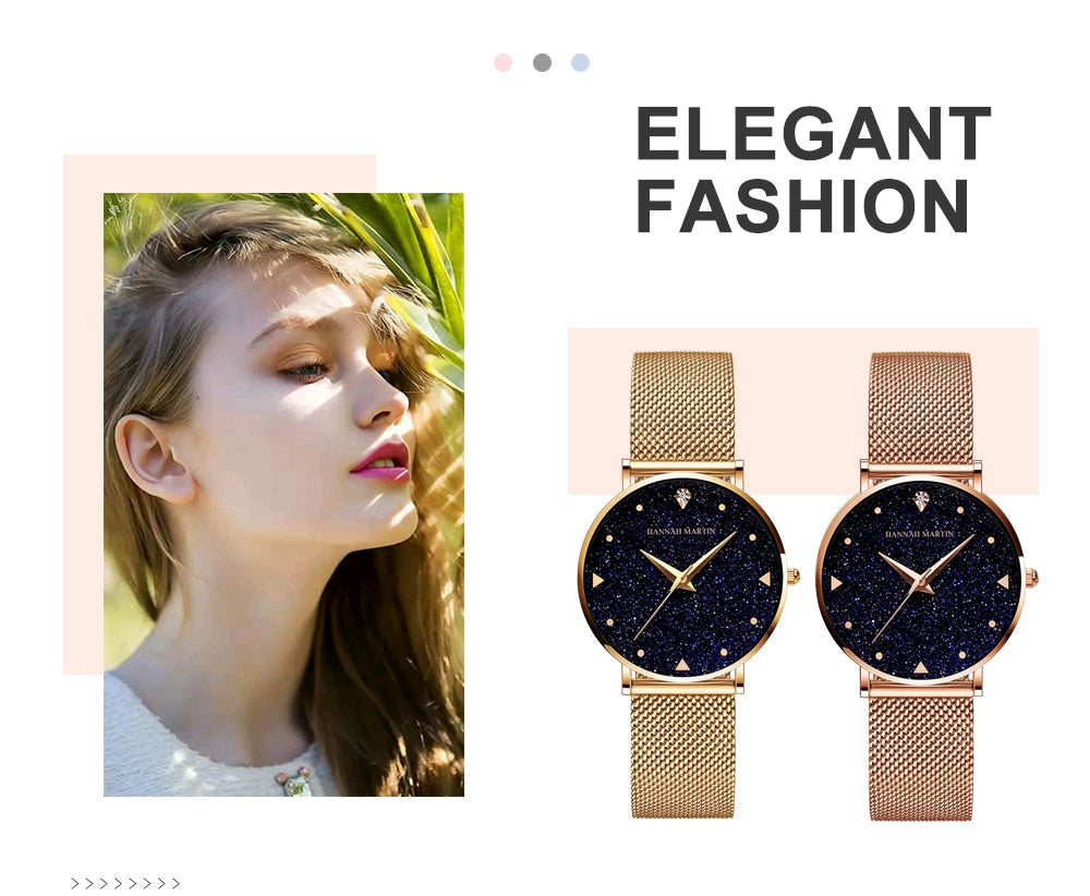 Golden ladies wristwatch featuring a stainless steel mesh band and Japan quartz movement, showcasing a stylish design with a starry night face.