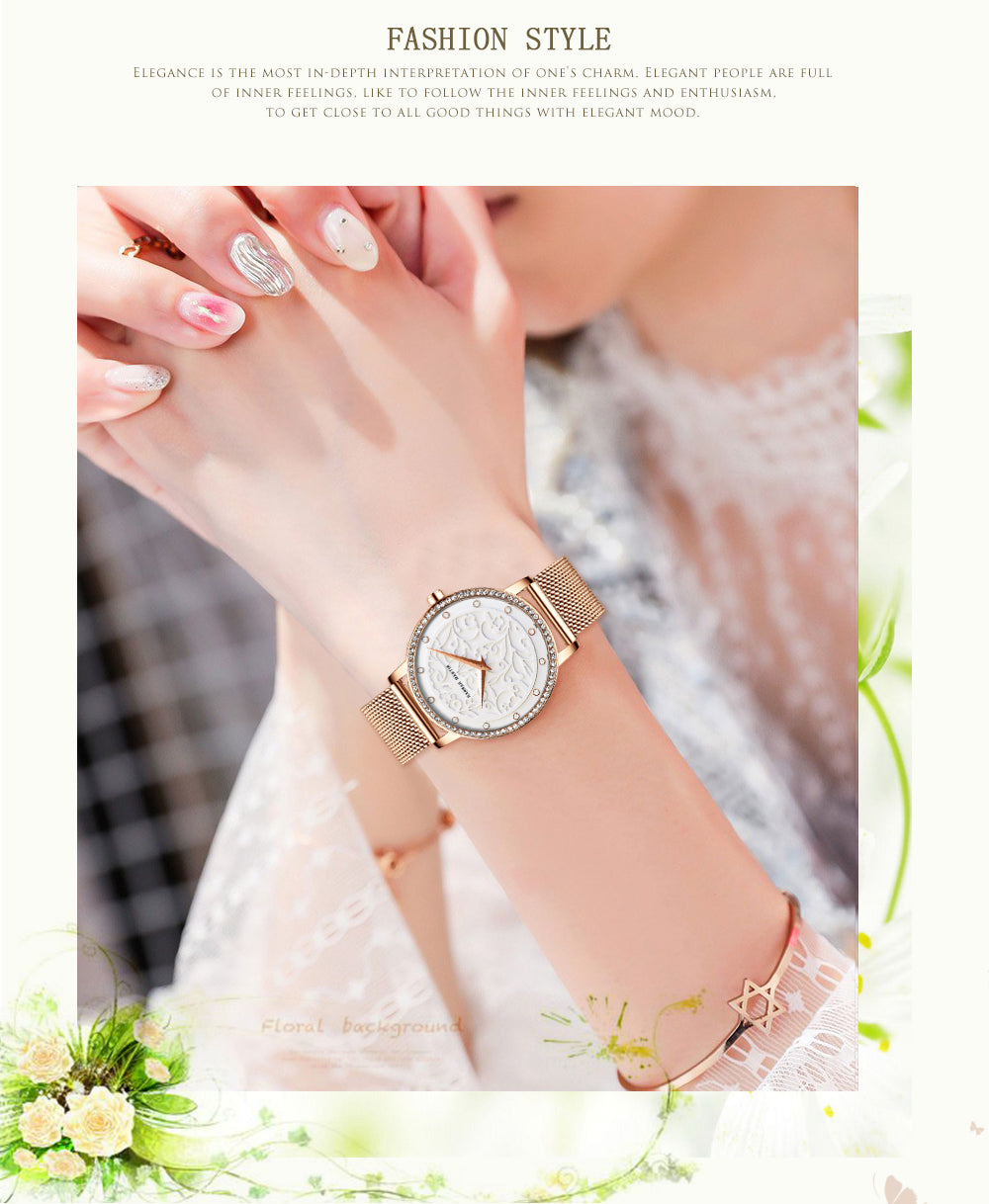 Japan Quartz Waterproof Sculpture Emboss White Flower bracelet watch for women, featuring a white flower design, stainless steel band, and elegant round case.