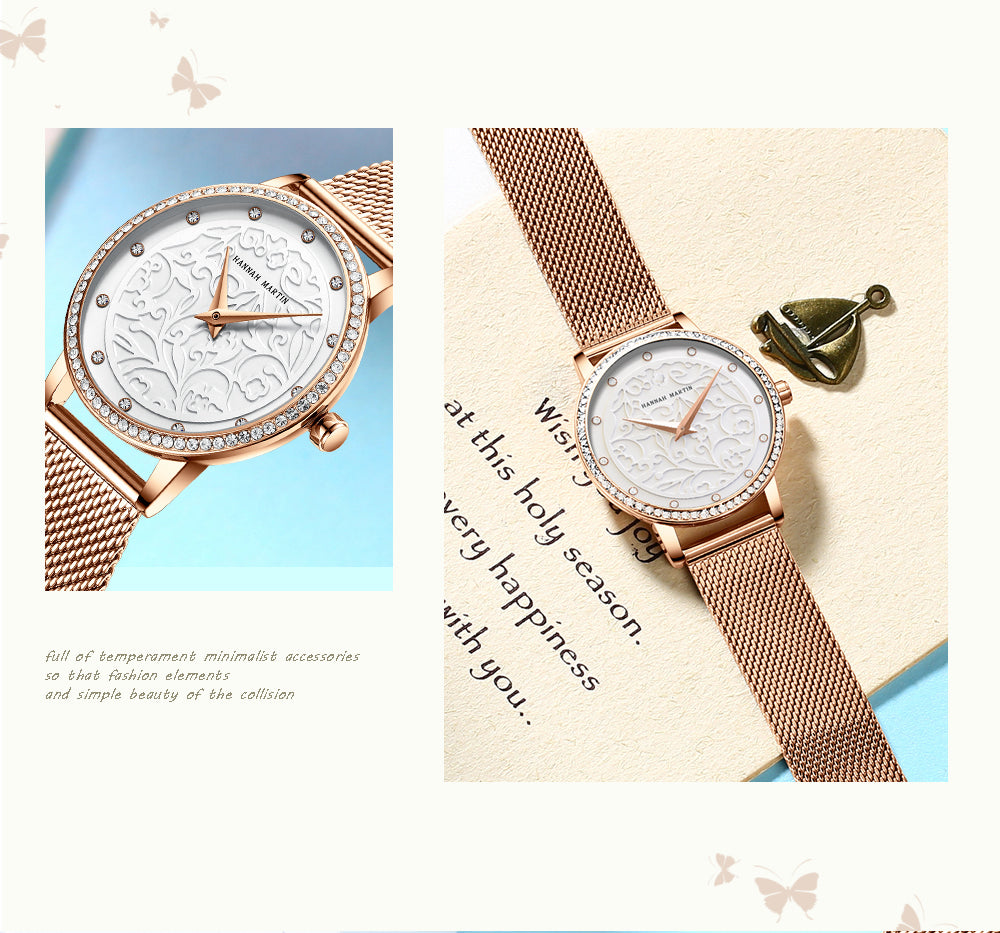Japan Quartz Waterproof Sculpture Emboss White Flower bracelet watch for women, featuring a white flower design, stainless steel band, and elegant round case.