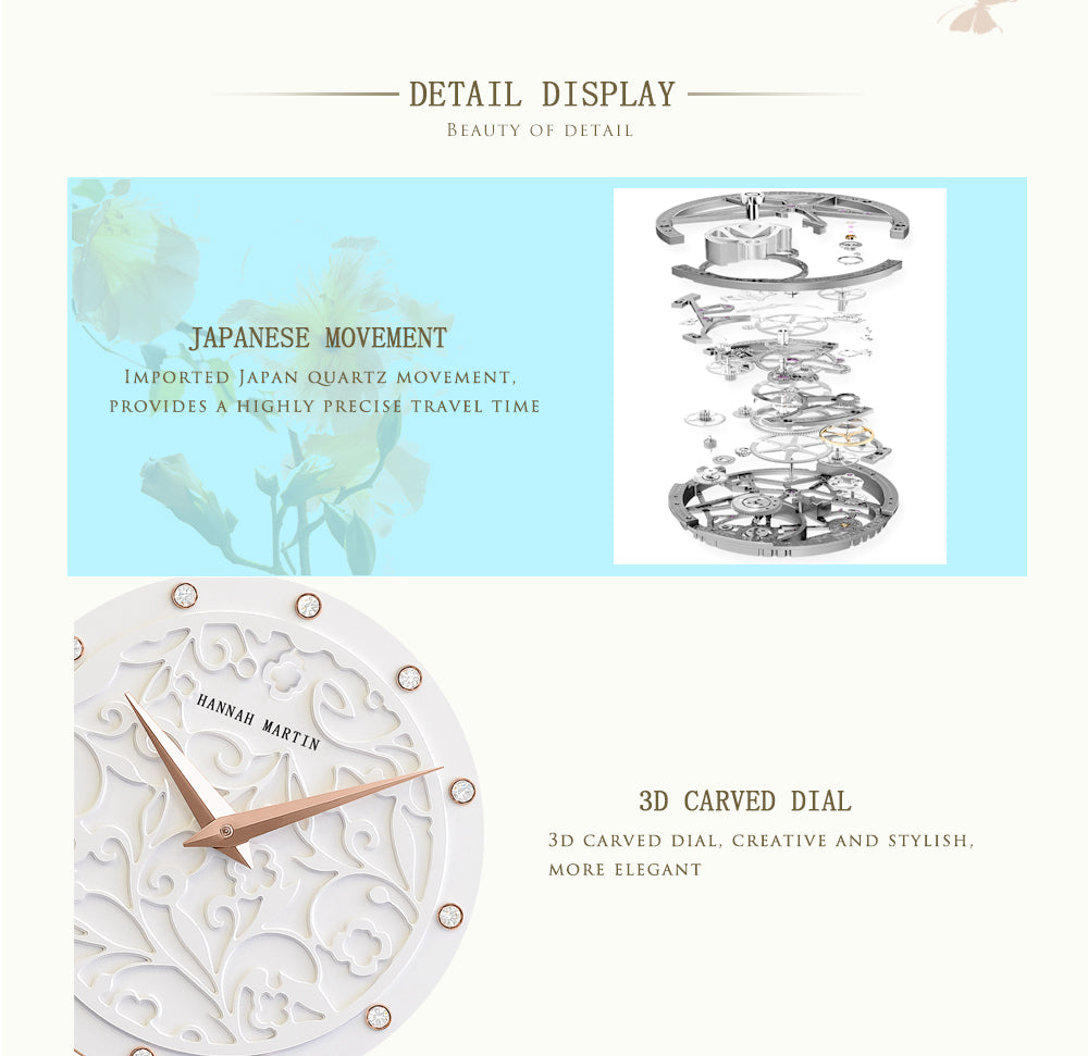 Japan Quartz Waterproof Sculpture Emboss White Flower bracelet watch for women, featuring a white flower design, stainless steel band, and elegant round case.