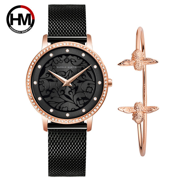 Japan Quartz Waterproof Sculpture Emboss White Flower bracelet watch for women, featuring a white flower design, stainless steel band, and elegant round case.