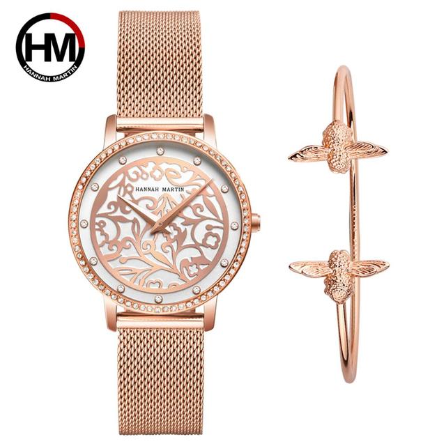 Japan Quartz Waterproof Sculpture Emboss White Flower bracelet watch for women, featuring a white flower design, stainless steel band, and elegant round case.