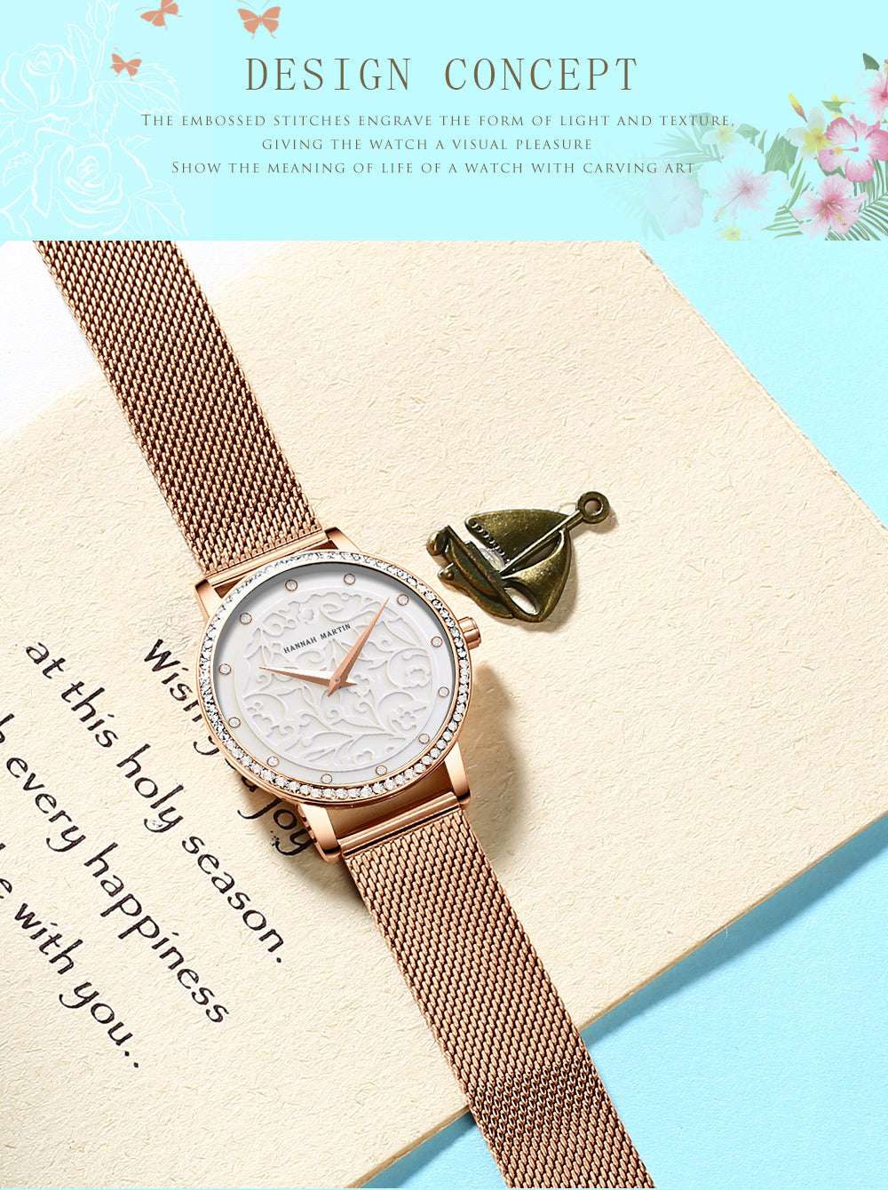 Japan Quartz Waterproof Sculpture Emboss White Flower bracelet watch for women, featuring a white flower design, stainless steel band, and elegant round case.