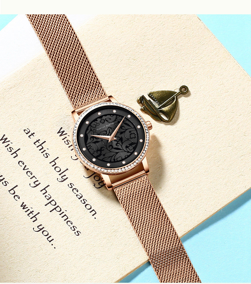 Japan Quartz Waterproof Sculpture Emboss White Flower bracelet watch for women, featuring a white flower design, stainless steel band, and elegant round case.