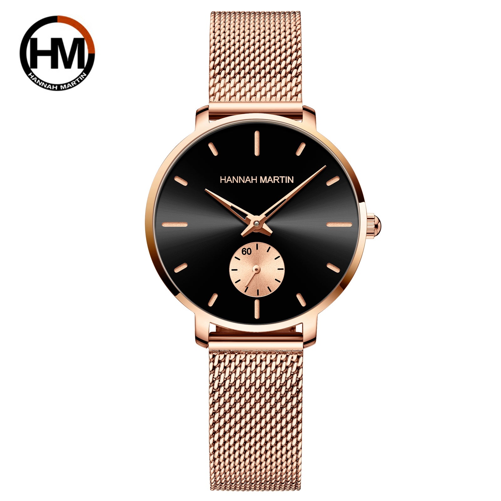 Japan Small Seconds Dial Quartz Movement Fashion Watch with gold mesh belt, showcasing a round brass case and elegant design.