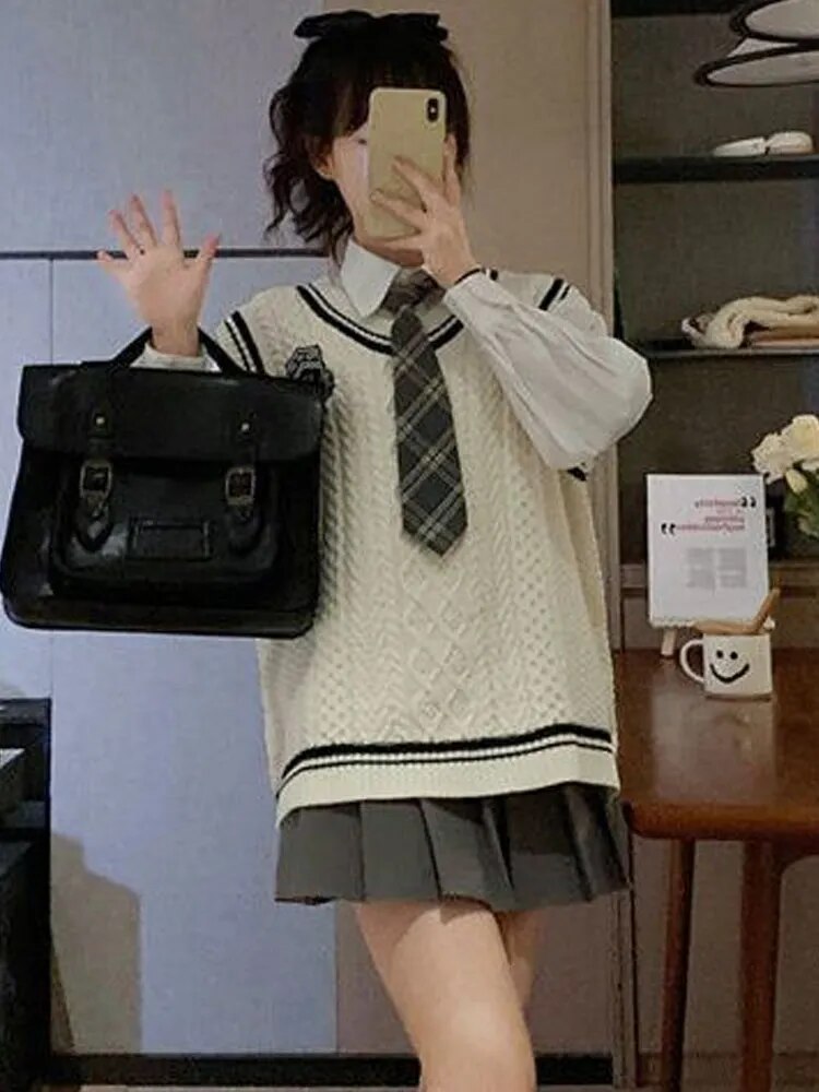 Japanese Cute School Uniform Women Korean Winter Knitting Sweater set featuring a V-neck long sleeve sweater and pleated skirt.