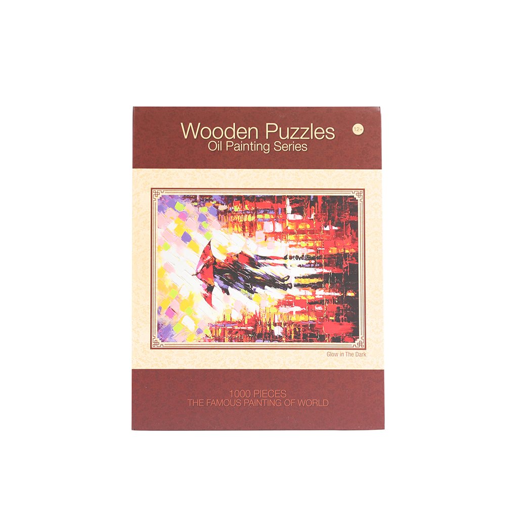 A colorful 1000-piece jigsaw puzzle made of basswood, showcasing a vibrant design with pieces scattered around, highlighting its glow-in-the-dark feature.